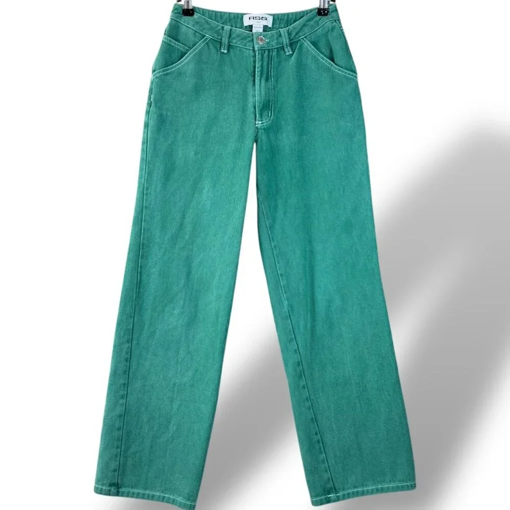 RSQ Jeans Womens Sz XS Green W/White Stitch High-Waisted Straight Wide-Leg Pants